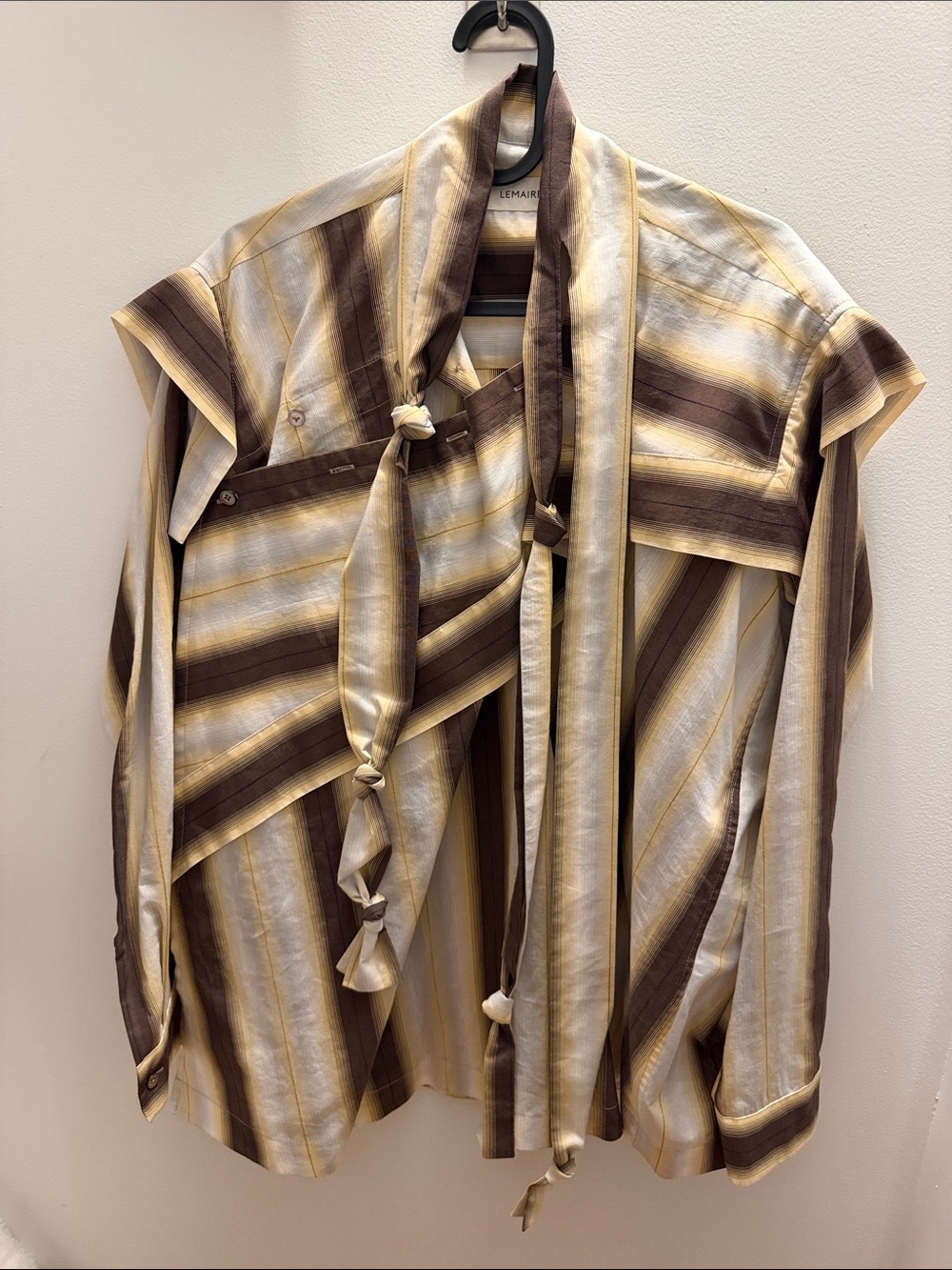 Lemaire Striped Silk Tie-Neck Shirt in Brown, Cream & Yellow